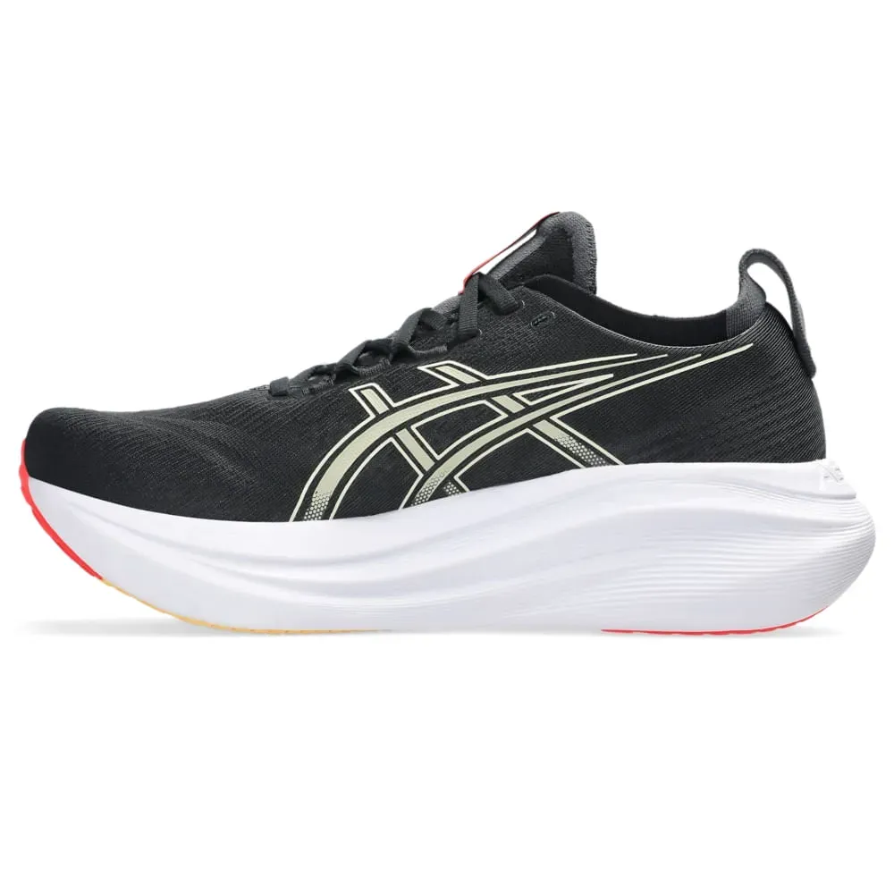 Tênis Asics Gel Nimbus 27 preto visto de frente destacando logo e tecnologia PureGEL